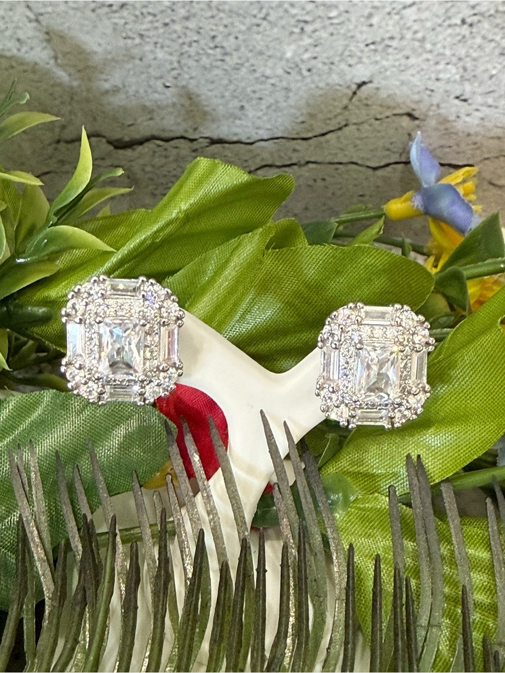 Clear Cubic Zirconia Square Halo Stud Earrings - Silver Tone